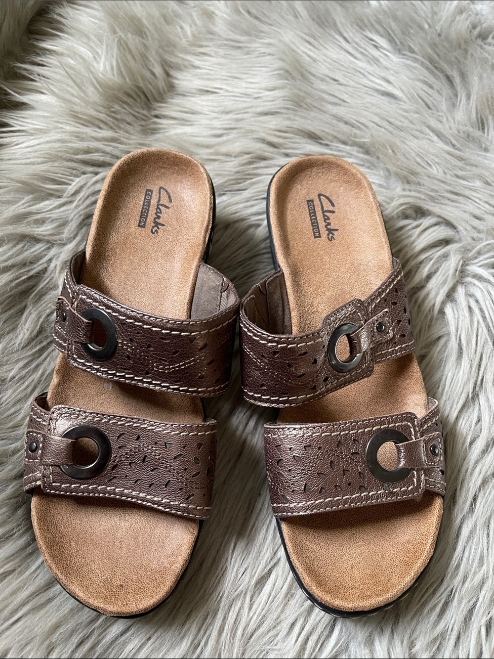 Clarks Brown Double-Strap Leather Slide Sandals with Metal Rings